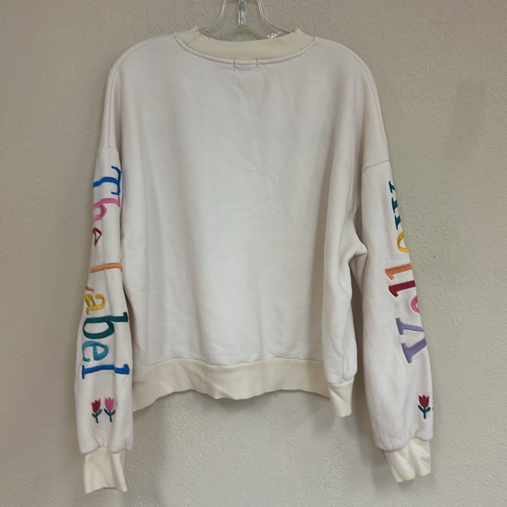 Cream Crewneck Sweatshirt w/ Rainbow Lettering & Embroidered Floral Accents - Picture 6 of 7